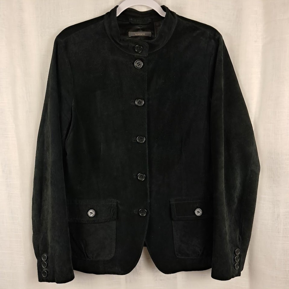 Liz Claiborne Vintage XL Black Pigskin Suede Jacket Mandarin Collar Minimalist